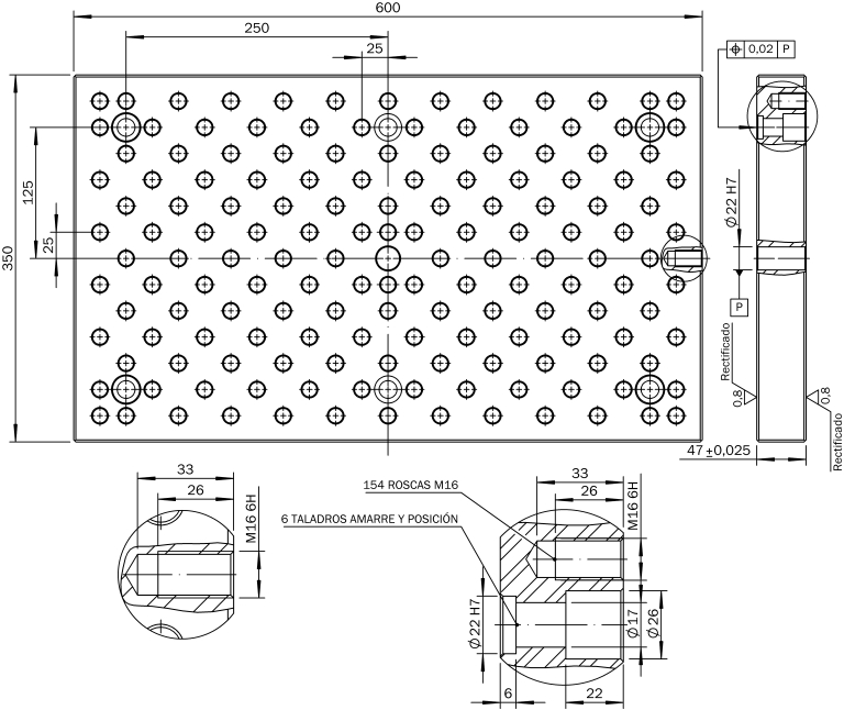 Mesa modular o placa de fijación modular de 600x350x47 para utillajes modulares fabricados en España por Utillajes Legazpi