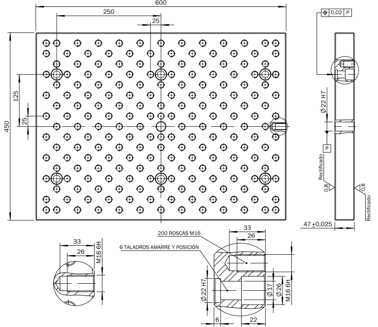 Mesa o placa modular de 600x450x47 para utillajes modulares fabricada en España por Utillajes Legazpi