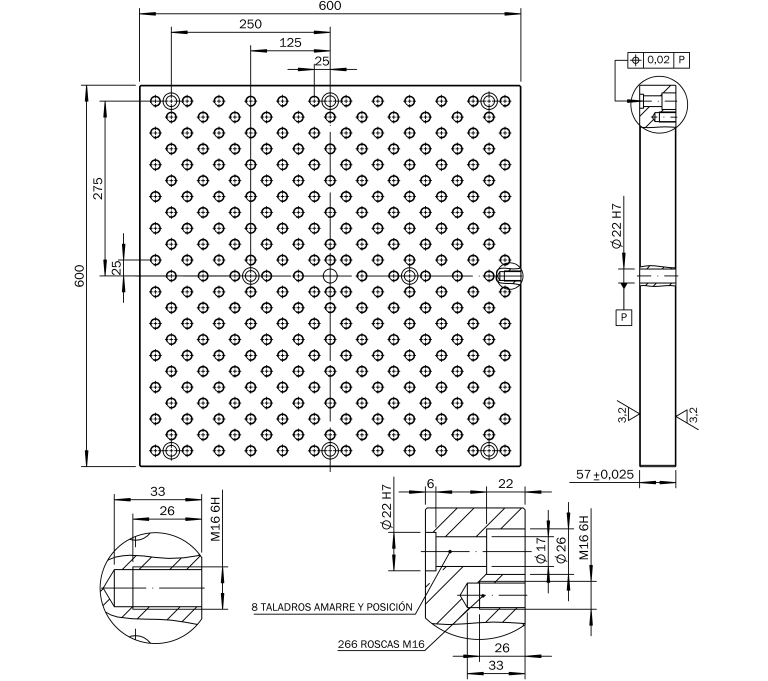 Mesa modular o placa de fijación modular de 600x600x57 para utillajes modulares fabricados en España por Utillajes Legazpi