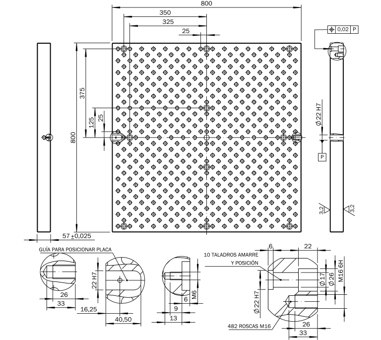 Mesa modular o placa de fijación modular de 800x800x57 para utillajes modulares fabricados en España por Utillajes Legazpi