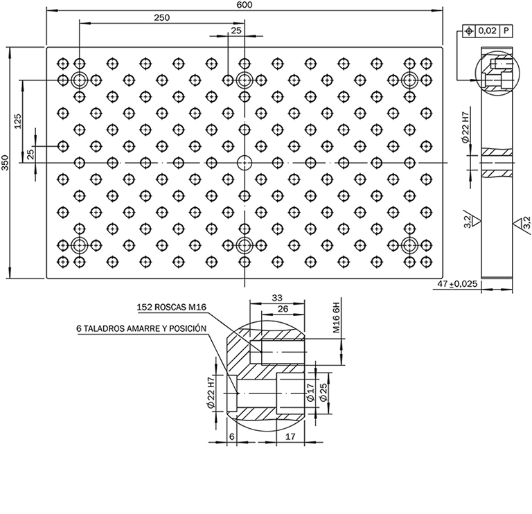 Mesa modular o placa de fijación modular de 350x250x37 para utillajes modulares fabricados en España por Utillajes Legazpi